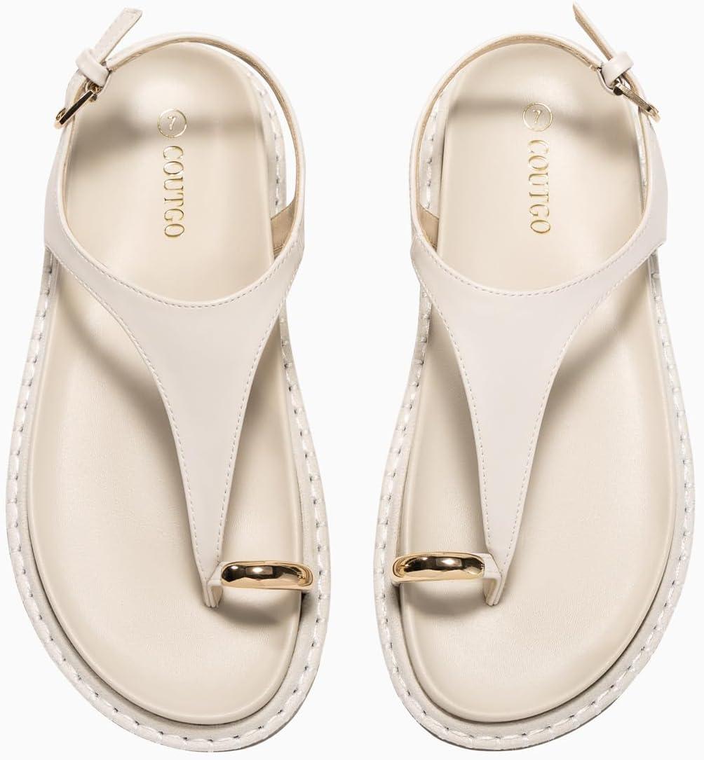 image:imageCoutgo Womens Flat Sandals Comfortable Flip Flops Thong Footbed Sandals Ankle Strap Summer Beach ShoesBeige