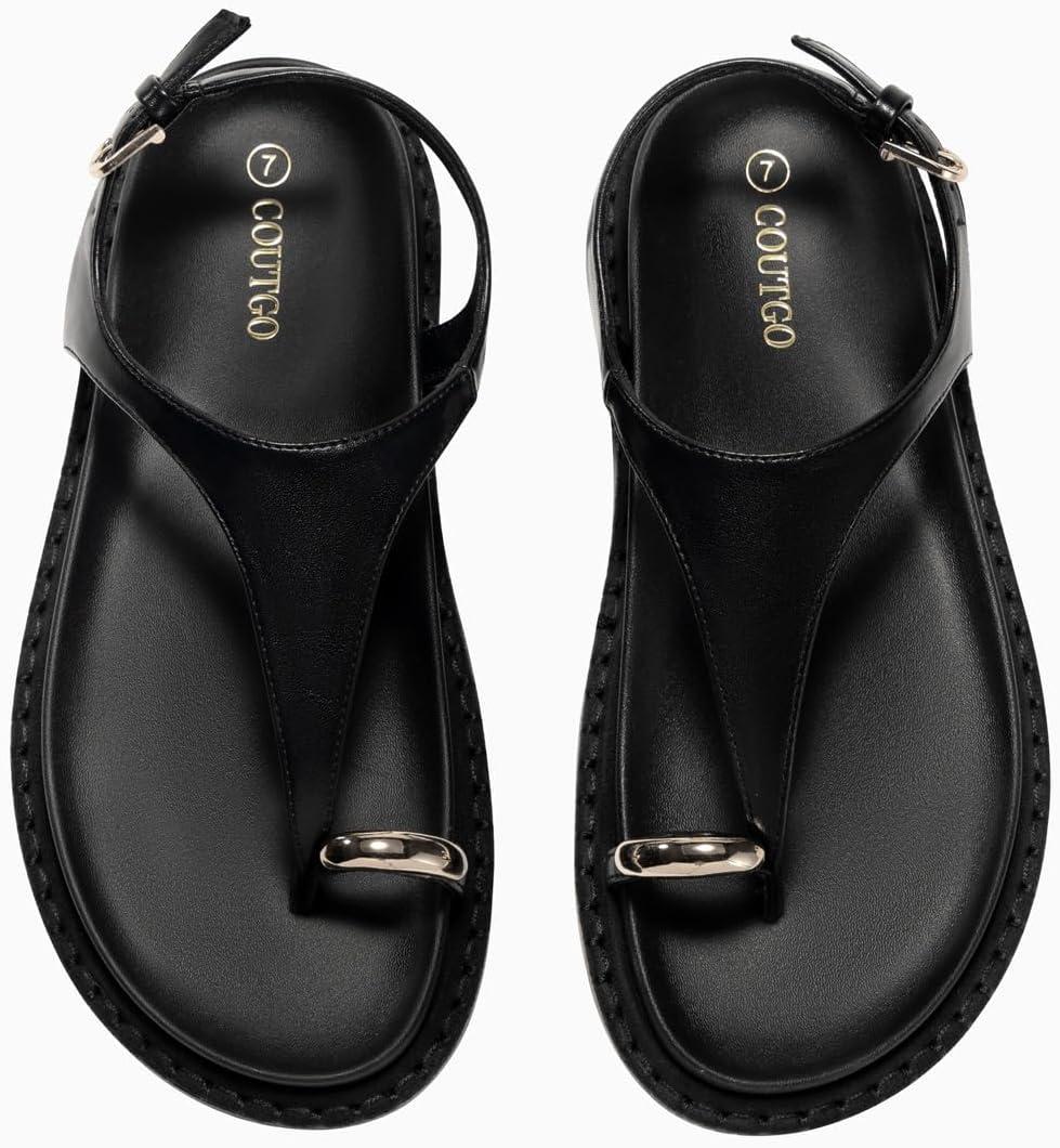 image:imageCoutgo Womens Flat Sandals Comfortable Flip Flops Thong Footbed Sandals Ankle Strap Summer Beach ShoesBlack