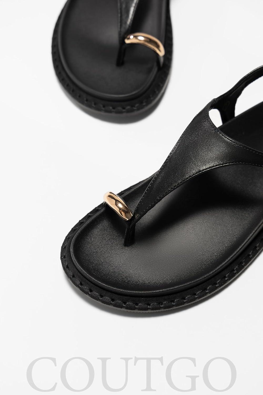 image:imageCoutgo Womens Flat Sandals Comfortable Flip Flops Thong Footbed Sandals Ankle Strap Summer Beach ShoesBlack