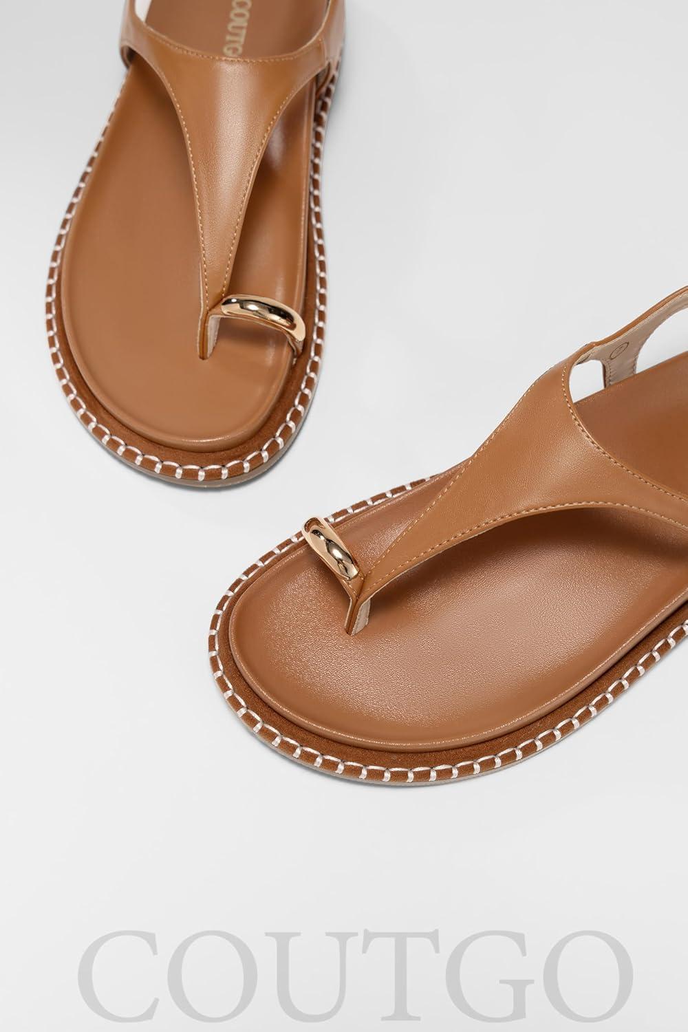 image:imageCoutgo Womens Flat Sandals Comfortable Flip Flops Thong Footbed Sandals Ankle Strap Summer Beach ShoesBrown