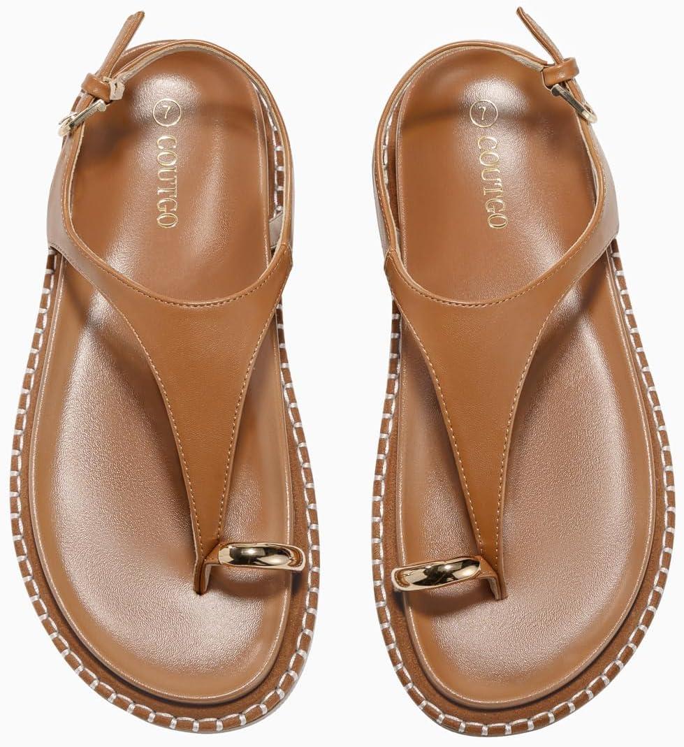 image:imageCoutgo Womens Flat Sandals Comfortable Flip Flops Thong Footbed Sandals Ankle Strap Summer Beach ShoesBrown