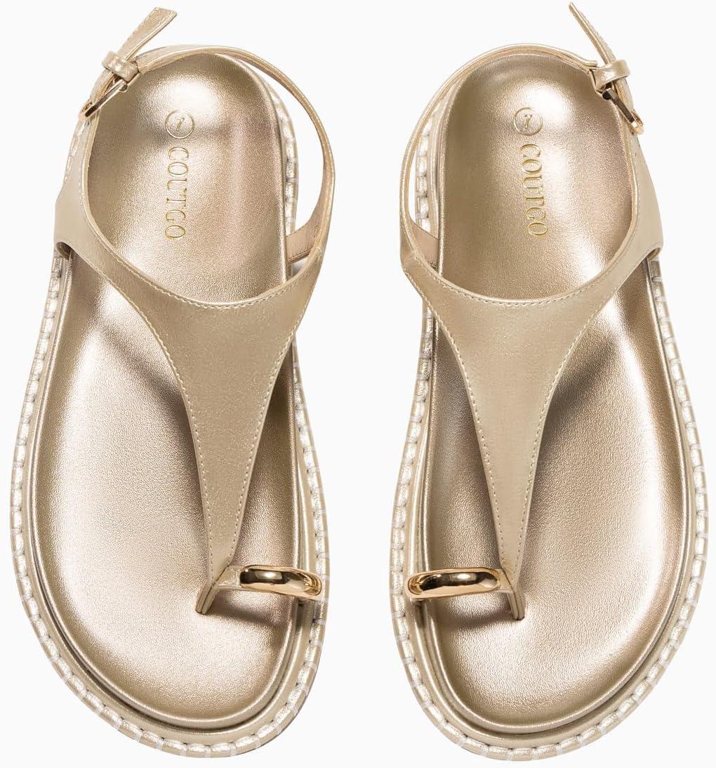 image:imageCoutgo Womens Flat Sandals Comfortable Flip Flops Thong Footbed Sandals Ankle Strap Summer Beach ShoesGold