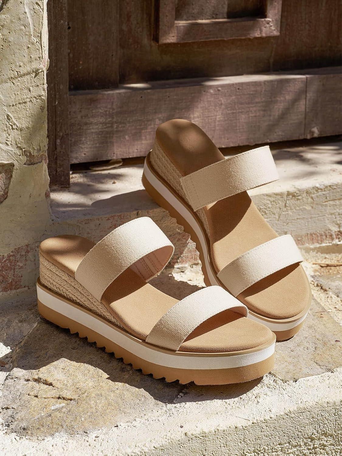 image:imageCoutgo Womens Platform Sandals Espadrille Wedge Heels Comfortable Slip on Slides Open Toe Summer Beach ShoesBeige Canvas