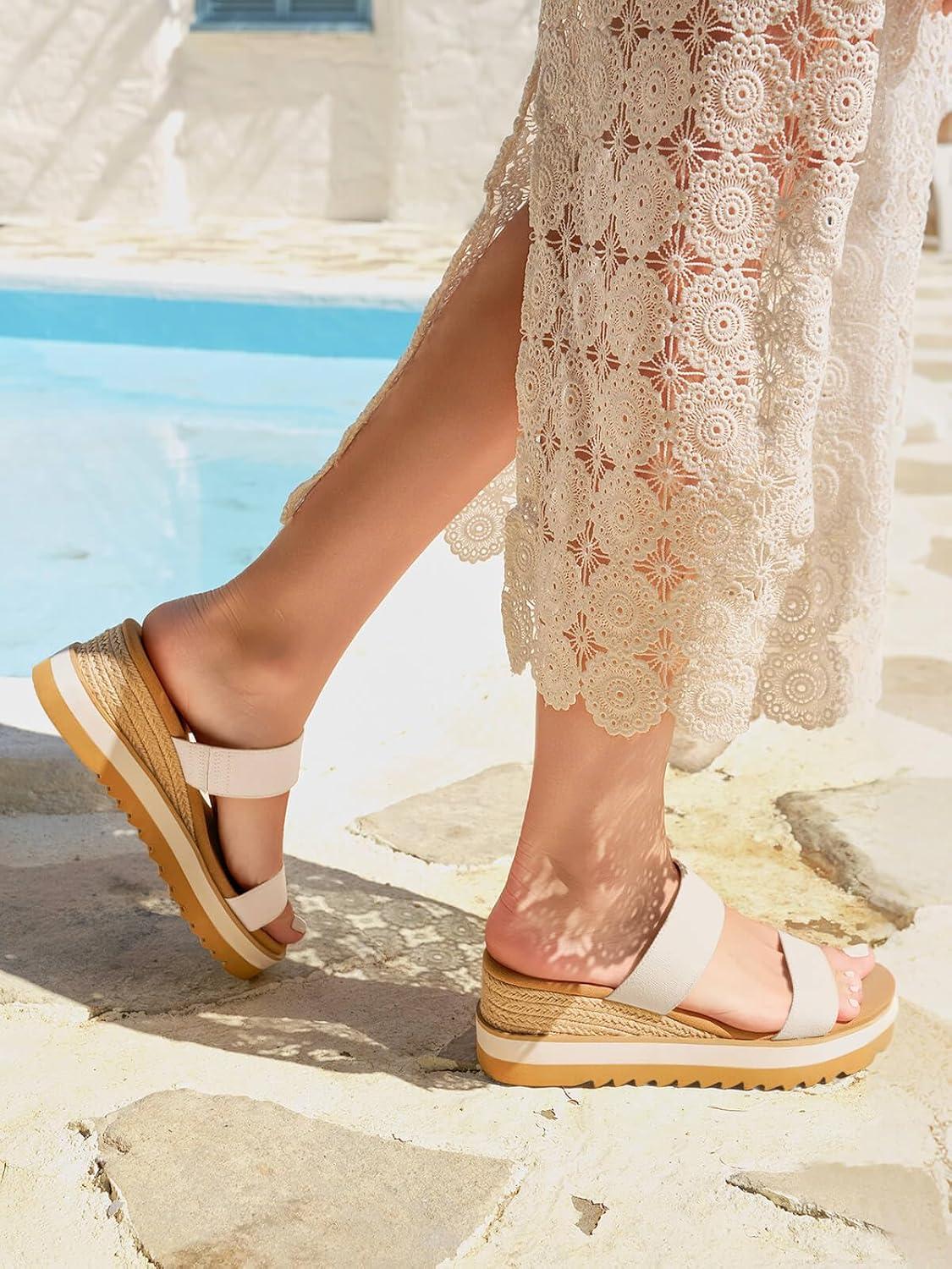 image:imageCoutgo Womens Platform Sandals Espadrille Wedge Heels Comfortable Slip on Slides Open Toe Summer Beach ShoesBeige Canvas