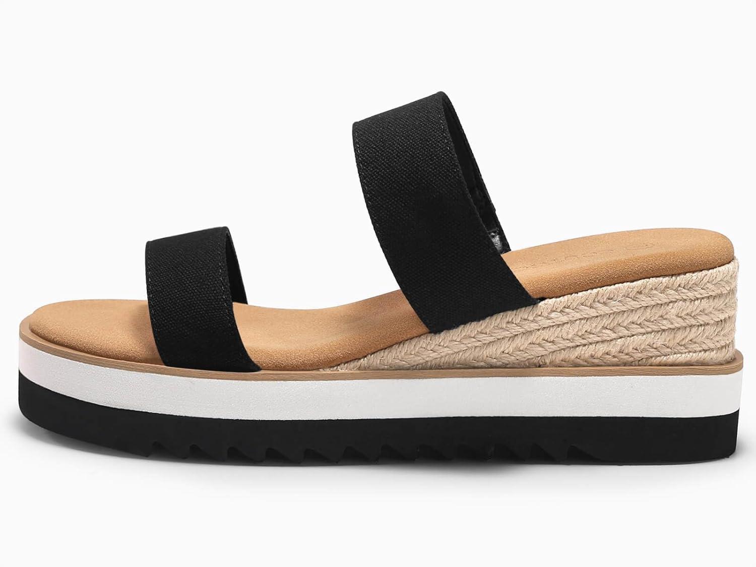 image:imageCoutgo Womens Platform Sandals Espadrille Wedge Heels Comfortable Slip on Slides Open Toe Summer Beach ShoesBlack Canvas