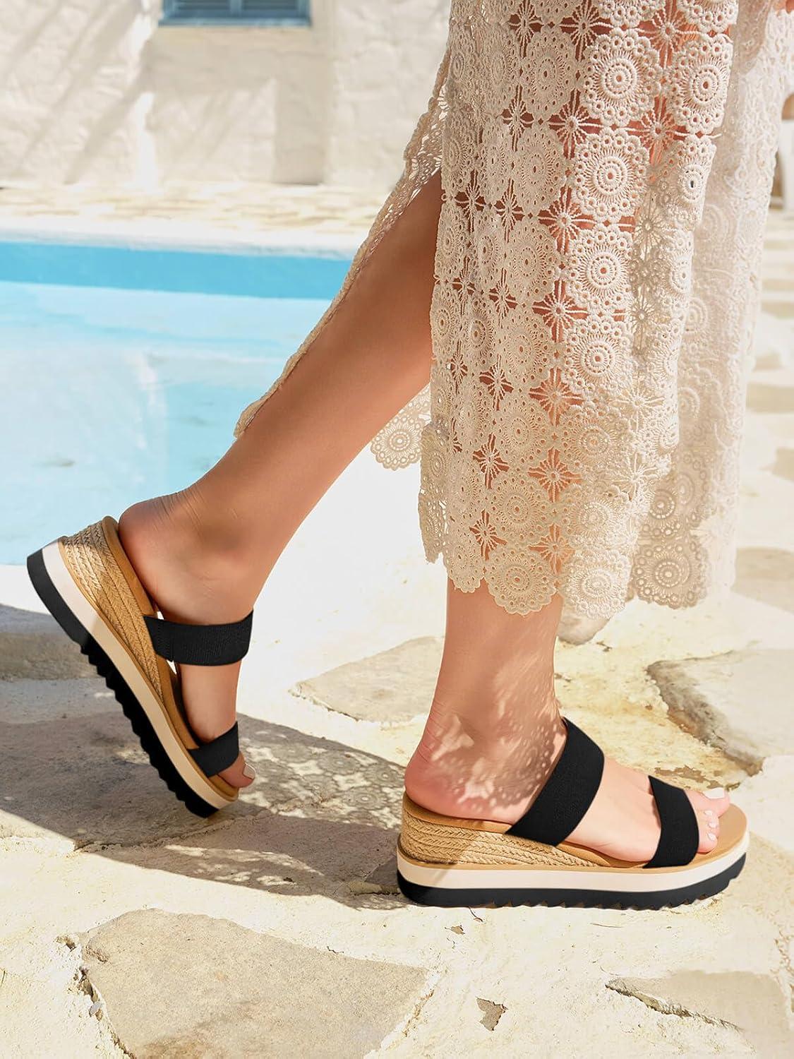 image:imageCoutgo Womens Platform Sandals Espadrille Wedge Heels Comfortable Slip on Slides Open Toe Summer Beach ShoesBlack Canvas