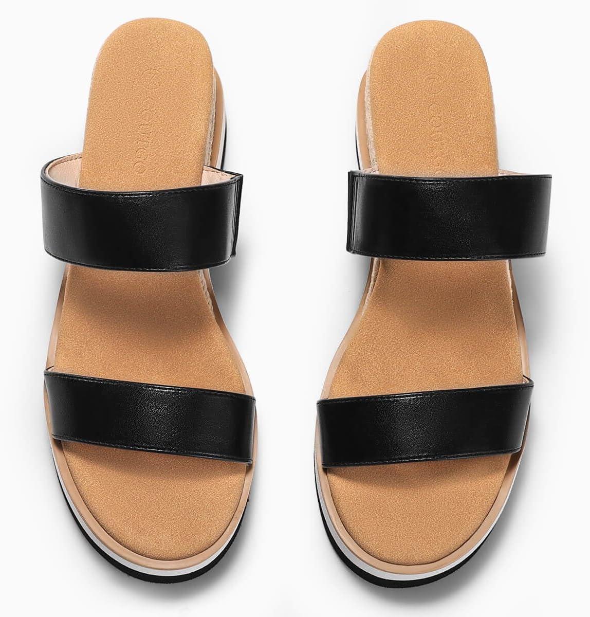 image:imageCoutgo Womens Platform Sandals Espadrille Wedge Heels Comfortable Slip on Slides Open Toe Summer Beach ShoesBlack Pu