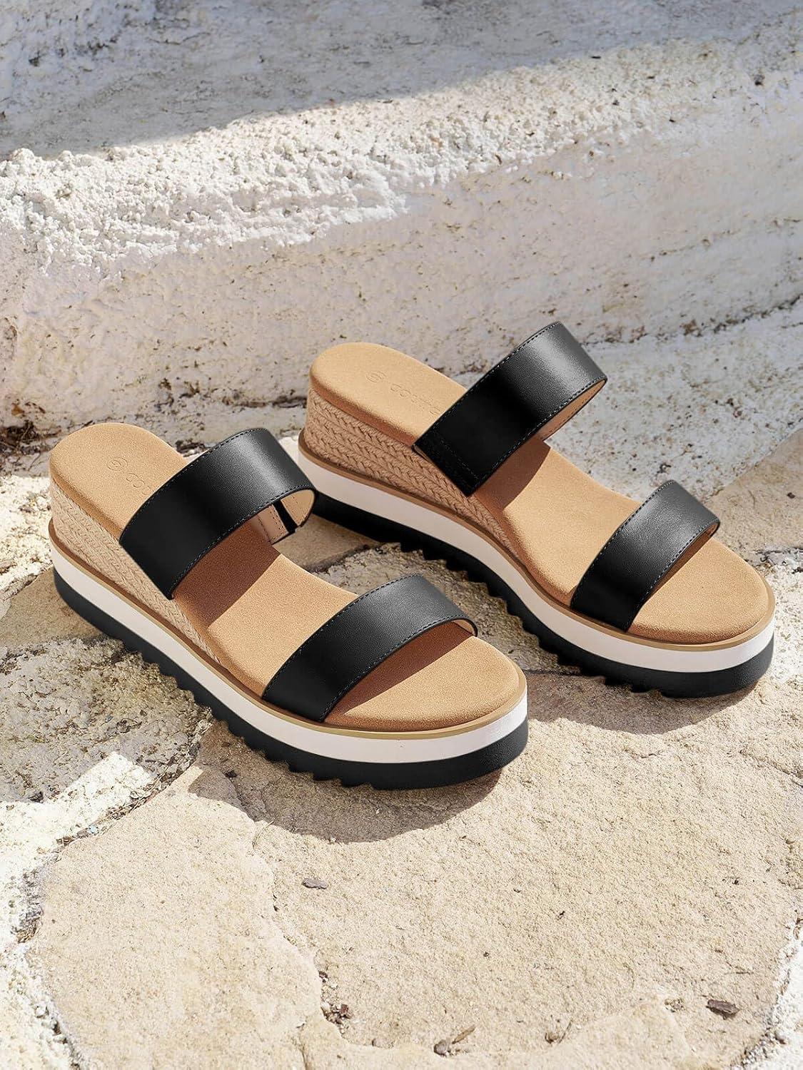 image:imageCoutgo Womens Platform Sandals Espadrille Wedge Heels Comfortable Slip on Slides Open Toe Summer Beach ShoesBlack Pu