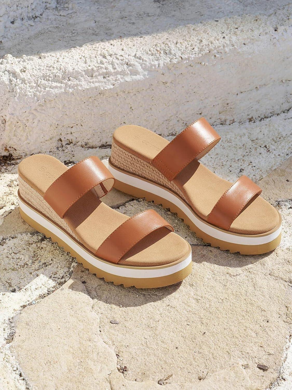 image:imageCoutgo Womens Platform Sandals Espadrille Wedge Heels Comfortable Slip on Slides Open Toe Summer Beach ShoesBrown Pu