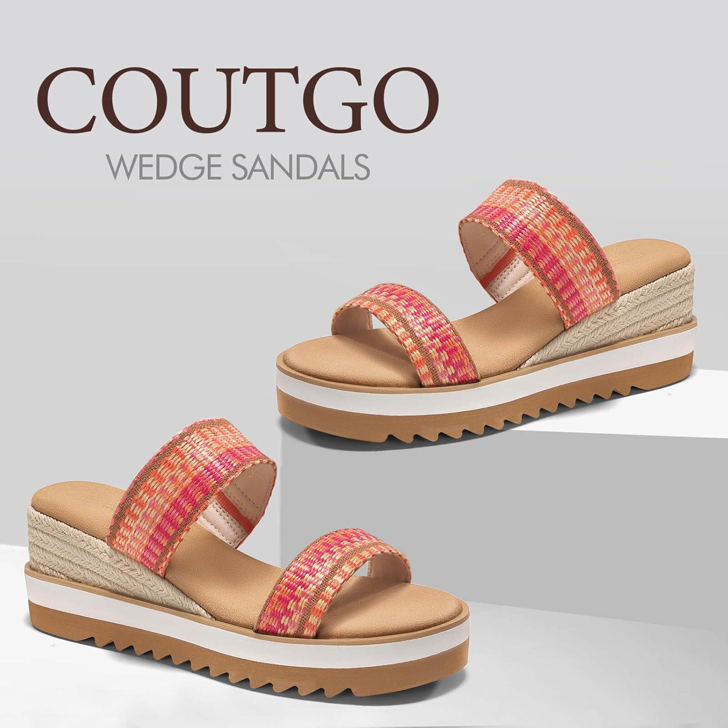 image:imageCoutgo Womens Platform Sandals Espadrille Wedge Heels Comfortable Slip on Slides Open Toe Summer Beach ShoesColorful Woven