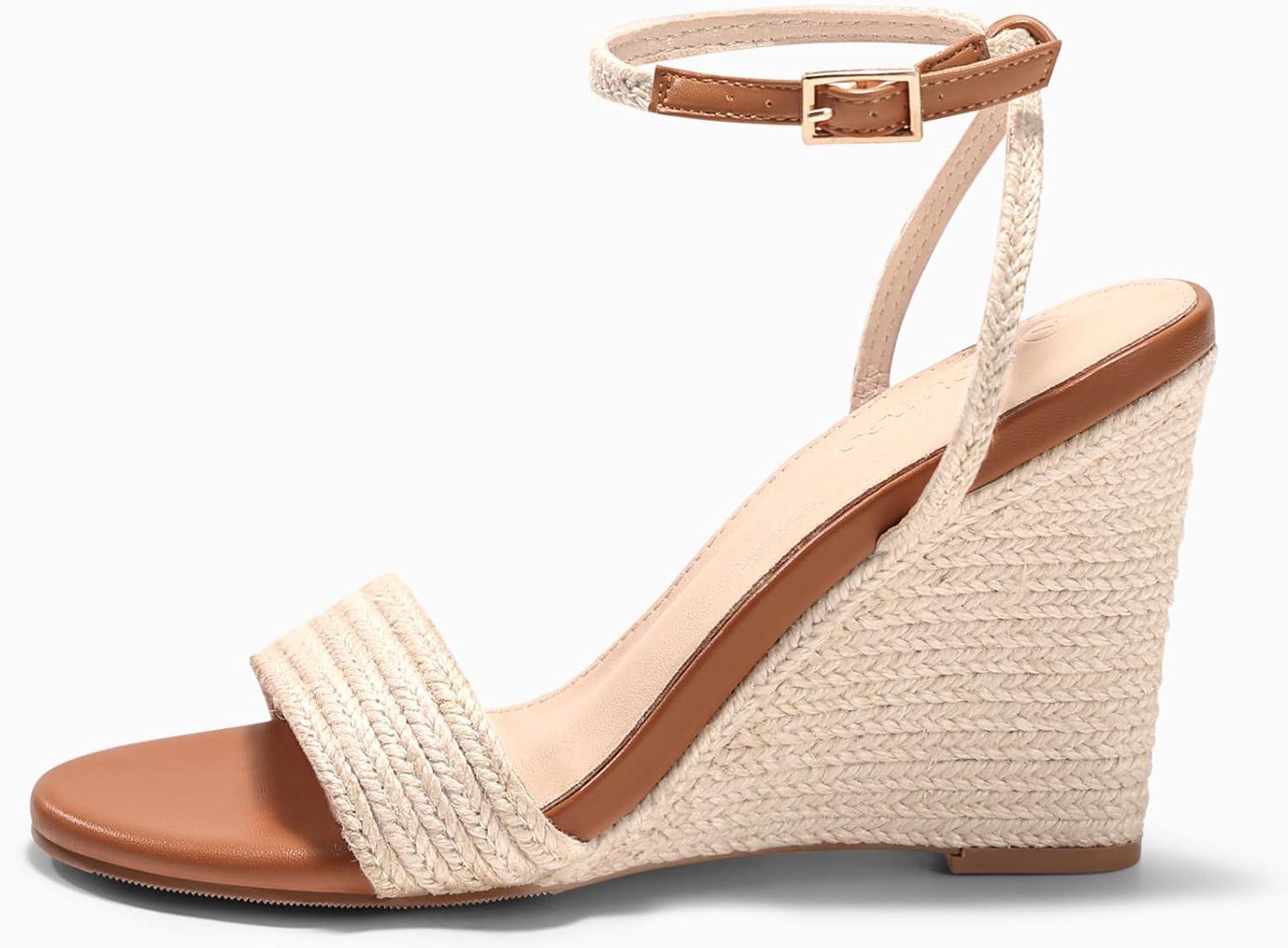 image:imageCoutgo Womens Raffia Wedge Sandals Espadrilles Open Toe Ankle Strap Summer Beach ShoesBraided Beige