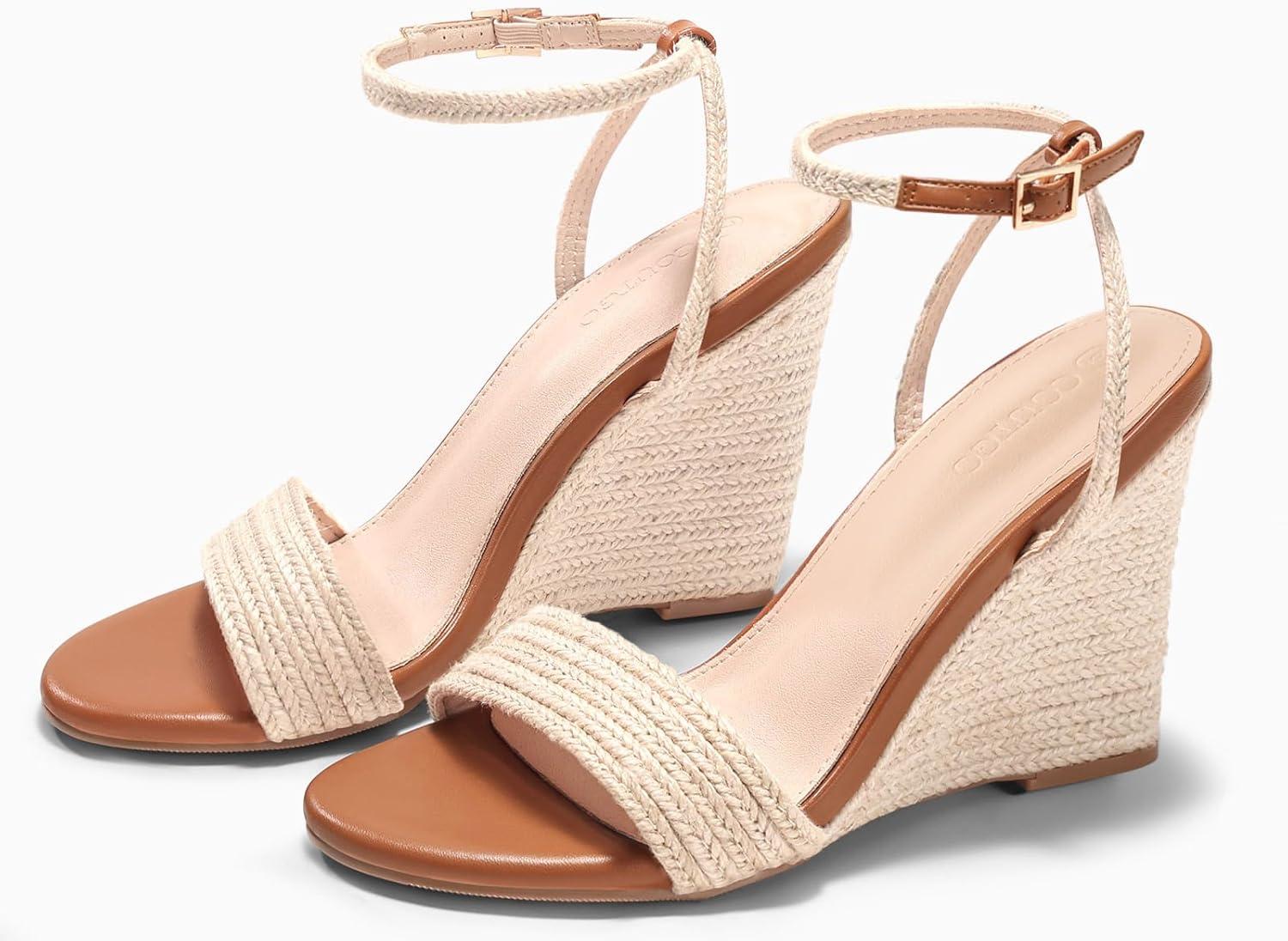 image:imageCoutgo Womens Raffia Wedge Sandals Espadrilles Open Toe Ankle Strap Summer Beach ShoesBraided Beige