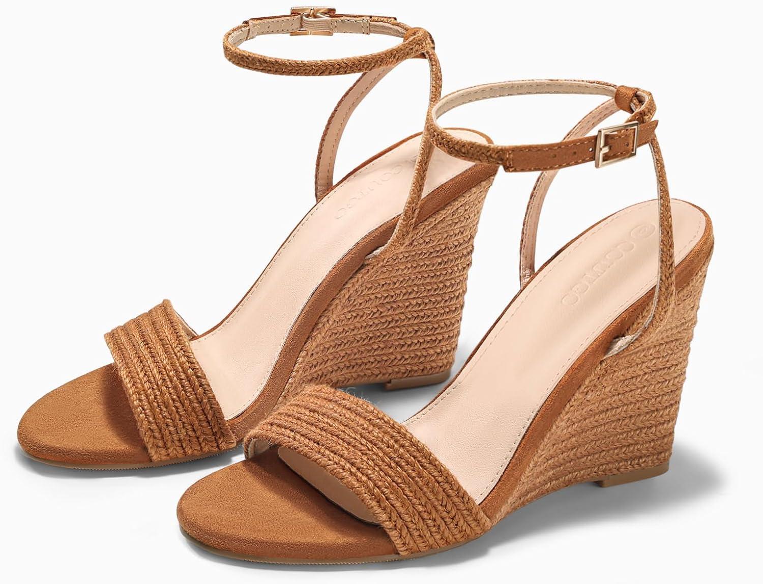 image:imageCoutgo Womens Raffia Wedge Sandals Espadrilles Open Toe Ankle Strap Summer Beach ShoesBraided Brown