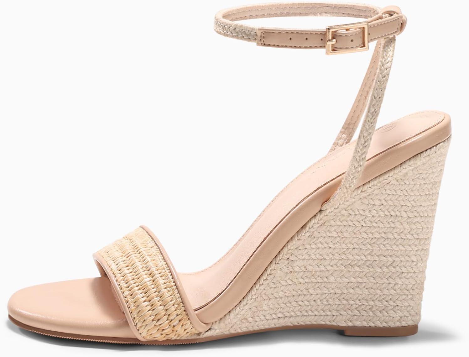 image:imageCoutgo Womens Raffia Wedge Sandals Espadrilles Open Toe Ankle Strap Summer Beach ShoesRaffia Khaki