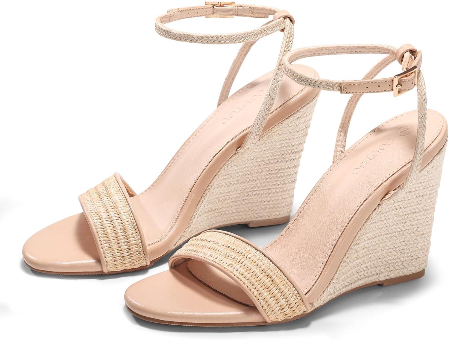 image:imageCoutgo Womens Raffia Wedge Sandals Espadrilles Open Toe Ankle Strap Summer Beach ShoesRaffia Khaki
