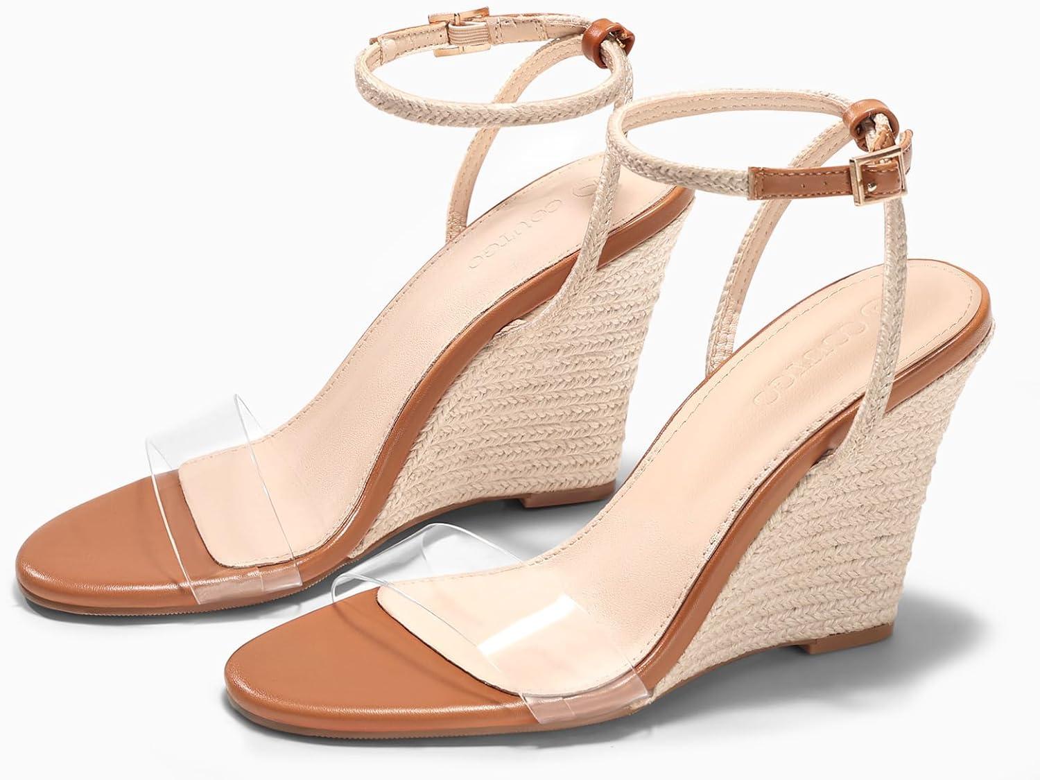 image:imageCoutgo Womens Raffia Wedge Sandals Espadrilles Open Toe Ankle Strap Summer Beach ShoesTransparent