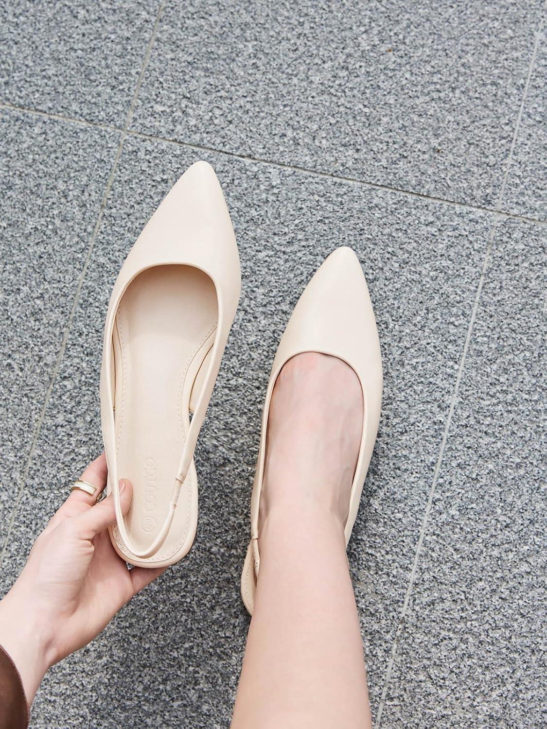 image:imageCoutgo Womens Slingback Flats Pointed Closed Toe Ballet Flats Comfortable Slip On Work Dress ShoesBeige