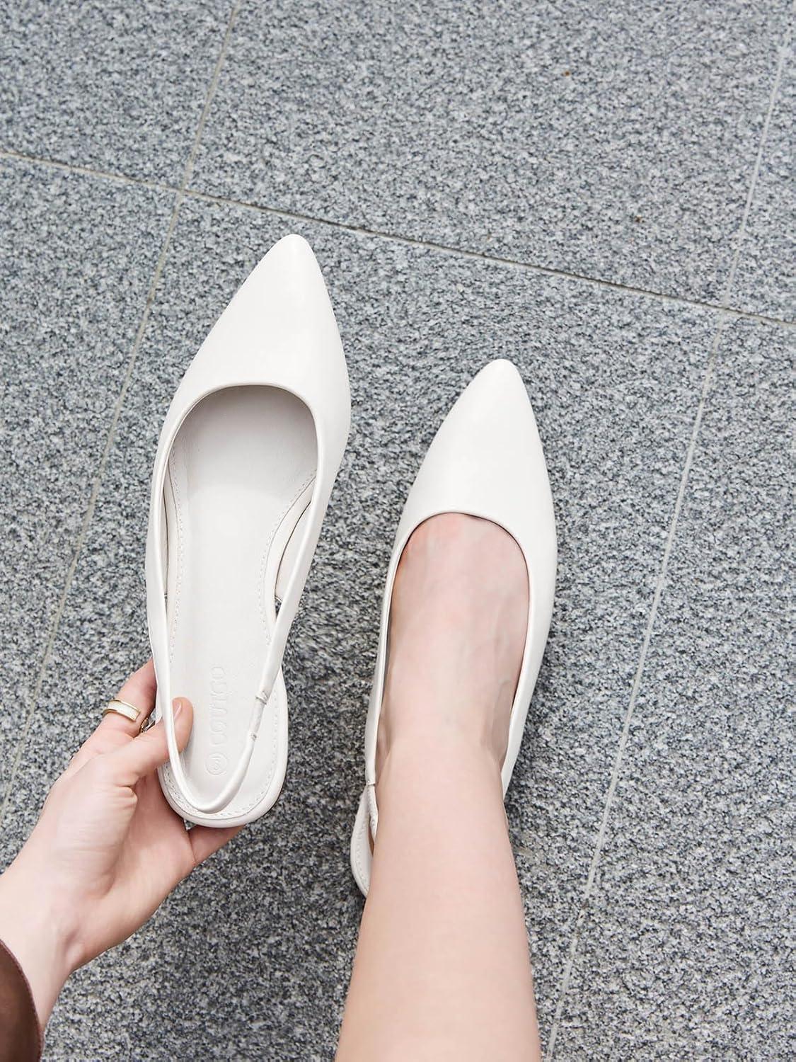 image:imageCoutgo Womens Slingback Flats Pointed Closed Toe Ballet Flats Comfortable Slip On Work Dress ShoesWhite