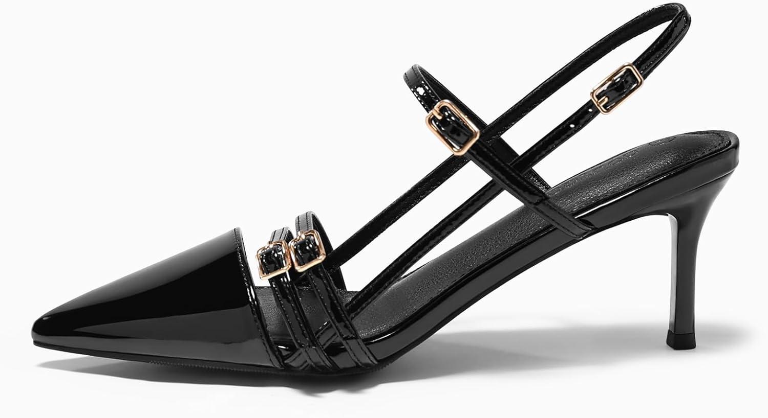 image:imageCoutgo Womens Slingback High Heels Strappy Closed Pointed Toe Pumps Ankle Strap Dress ShoesBlack