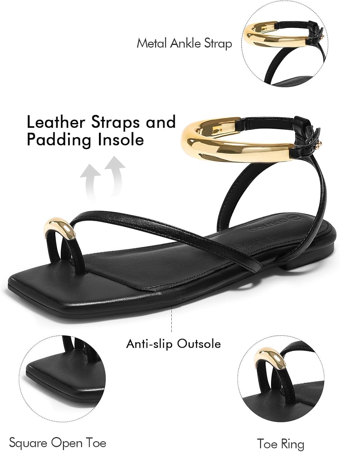 image:imageCoutgo Womens Strappy Flat Sandals Flip Flops Open Toe Ring Sandals Metal Ankle Strap Summer Beach ShoesBlack