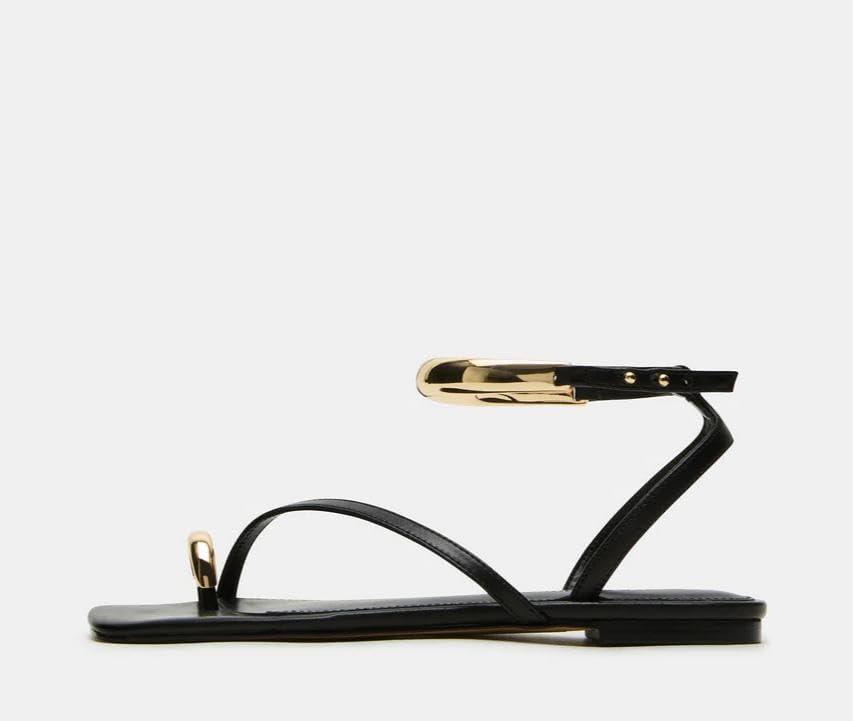 image:imageCoutgo Womens Strappy Flat Sandals Flip Flops Open Toe Ring Sandals Metal Ankle Strap Summer Beach ShoesBlack
