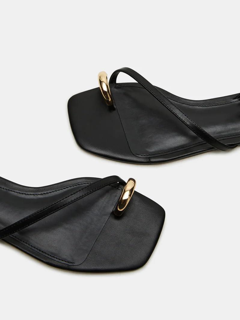 image:imageCoutgo Womens Strappy Flat Sandals Flip Flops Open Toe Ring Sandals Metal Ankle Strap Summer Beach ShoesBlack
