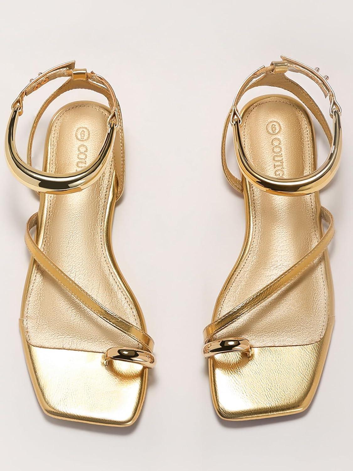 image:imageCoutgo Womens Strappy Flat Sandals Flip Flops Open Toe Ring Sandals Metal Ankle Strap Summer Beach ShoesGold