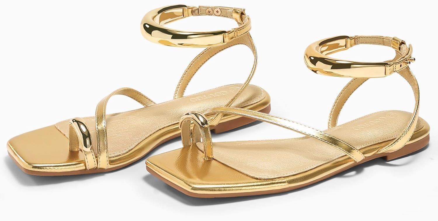 image:imageCoutgo Womens Strappy Flat Sandals Flip Flops Open Toe Ring Sandals Metal Ankle Strap Summer Beach ShoesGold