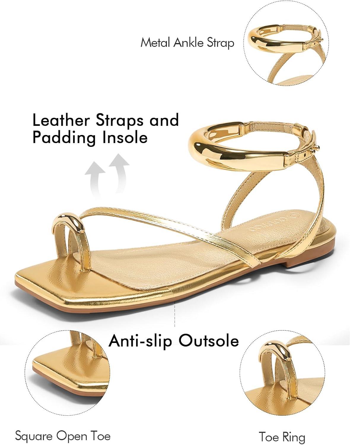 image:imageCoutgo Womens Strappy Flat Sandals Flip Flops Open Toe Ring Sandals Metal Ankle Strap Summer Beach ShoesGold