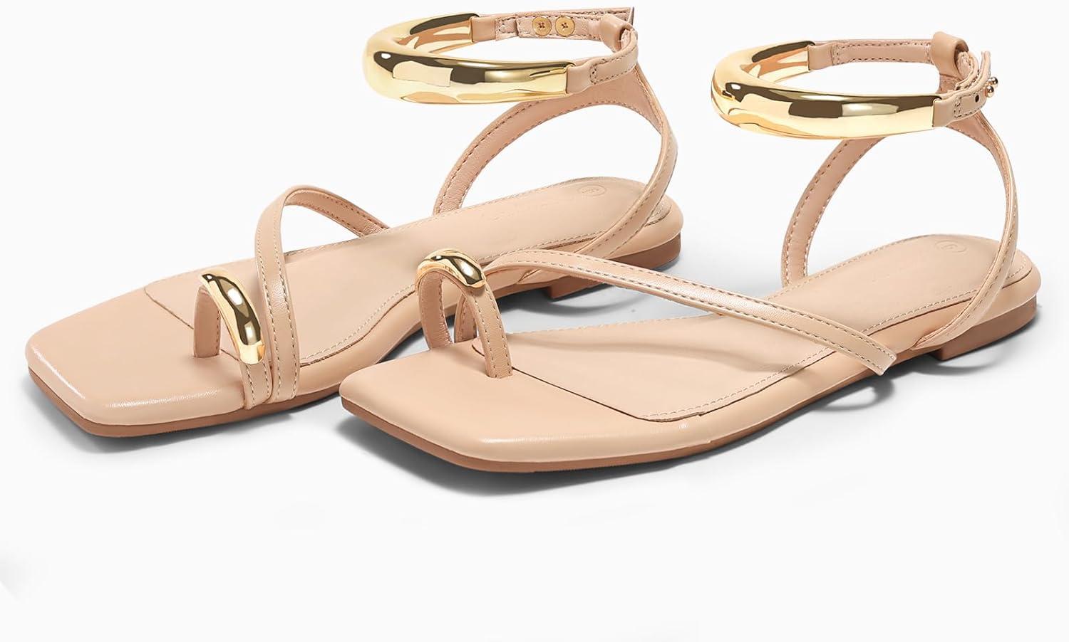 image:imageCoutgo Womens Strappy Flat Sandals Flip Flops Open Toe Ring Sandals Metal Ankle Strap Summer Beach ShoesNude