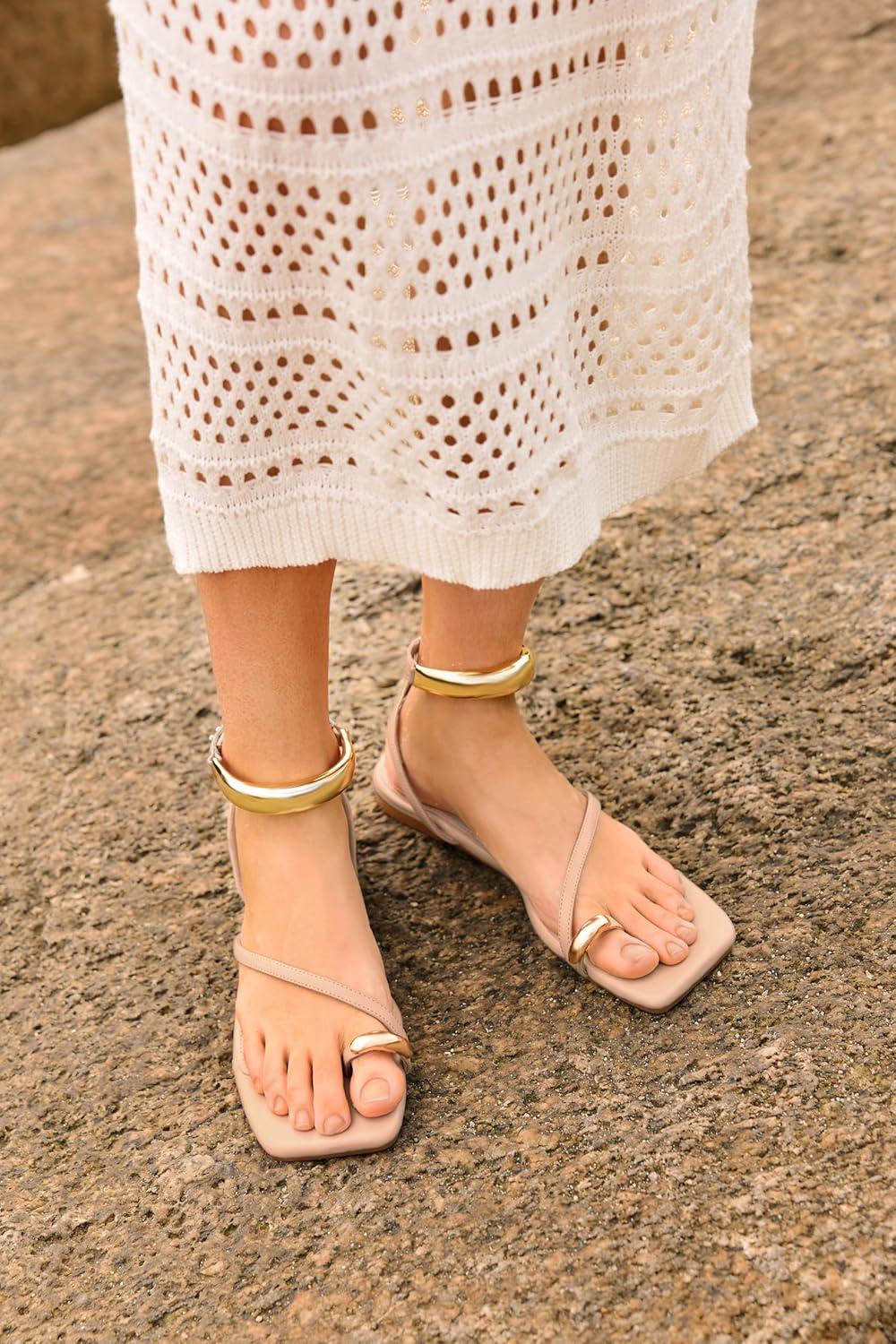 image:imageCoutgo Womens Strappy Flat Sandals Flip Flops Open Toe Ring Sandals Metal Ankle Strap Summer Beach ShoesNude