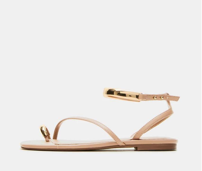 image:imageCoutgo Womens Strappy Flat Sandals Flip Flops Open Toe Ring Sandals Metal Ankle Strap Summer Beach ShoesNude