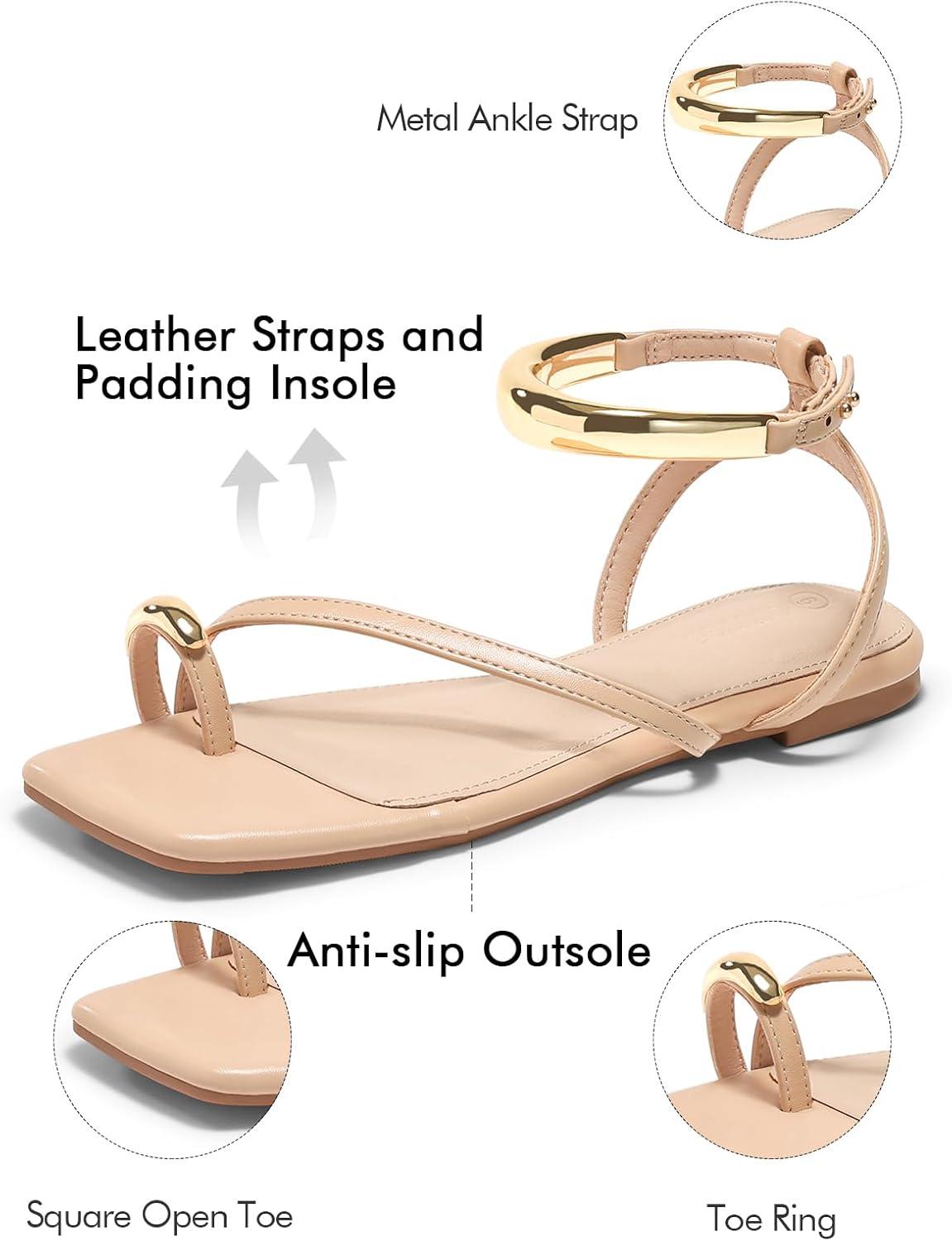 image:imageCoutgo Womens Strappy Flat Sandals Flip Flops Open Toe Ring Sandals Metal Ankle Strap Summer Beach ShoesNude