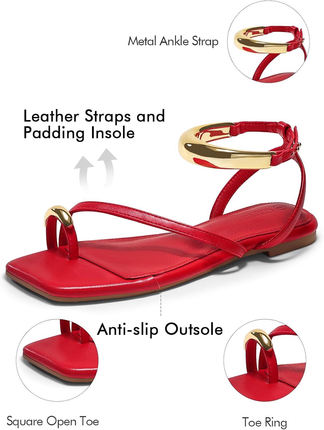 image:imageCoutgo Womens Strappy Flat Sandals Flip Flops Open Toe Ring Sandals Metal Ankle Strap Summer Beach ShoesRed