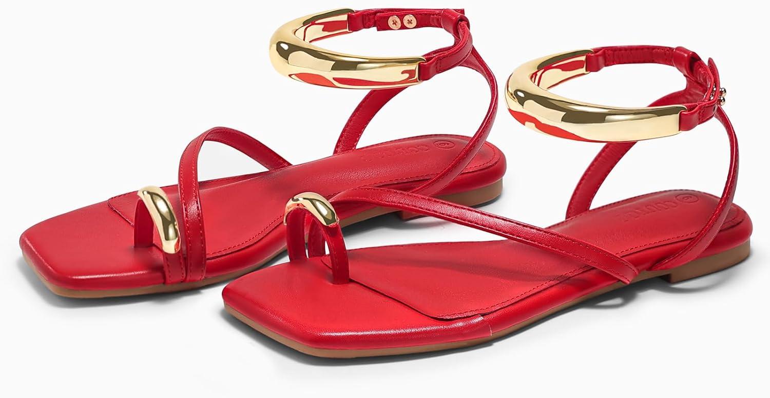 image:imageCoutgo Womens Strappy Flat Sandals Flip Flops Open Toe Ring Sandals Metal Ankle Strap Summer Beach ShoesRed