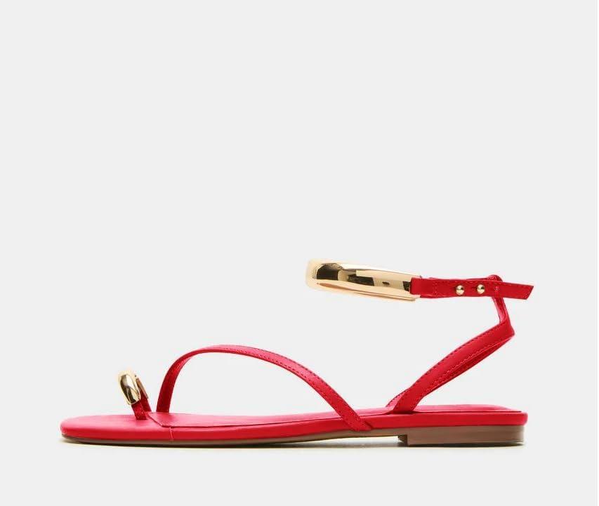 image:imageCoutgo Womens Strappy Flat Sandals Flip Flops Open Toe Ring Sandals Metal Ankle Strap Summer Beach ShoesRed