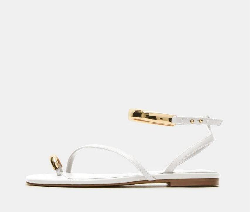 image:imageCoutgo Womens Strappy Flat Sandals Flip Flops Open Toe Ring Sandals Metal Ankle Strap Summer Beach ShoesWhite
