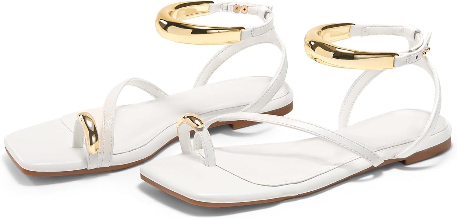 image:imageCoutgo Womens Strappy Flat Sandals Flip Flops Open Toe Ring Sandals Metal Ankle Strap Summer Beach ShoesWhite