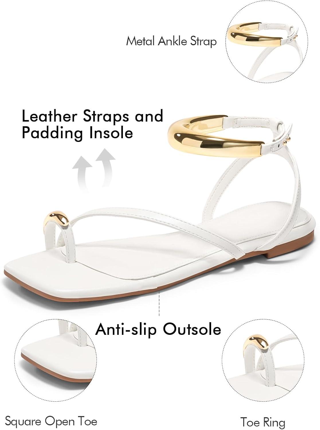 image:imageCoutgo Womens Strappy Flat Sandals Flip Flops Open Toe Ring Sandals Metal Ankle Strap Summer Beach ShoesWhite