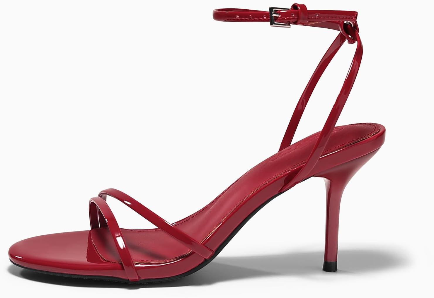 image:imageCoutgo Womens Strappy High Heels Open Almond Toe Dress Shoes Ankle Strap Summer Heeled SandalsRed