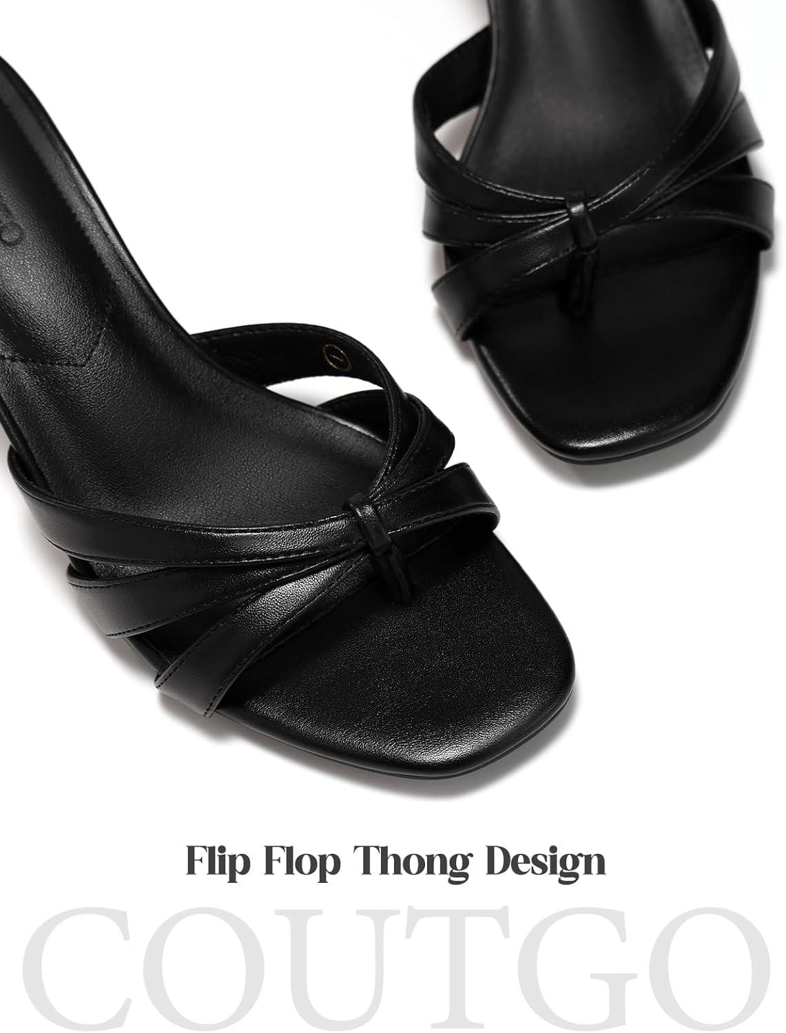 image:imageCoutgo Womens Strappy Kitten Heels Sandals Square Open Toe Flip Flops Slip On Slides Summer Dress ShoesBlack