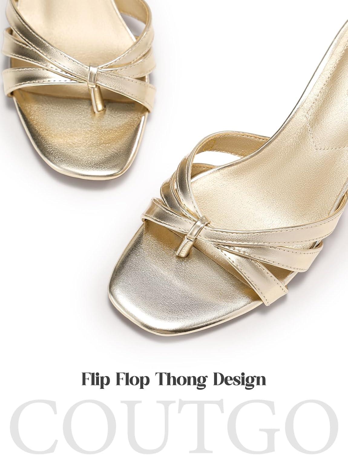 image:imageCoutgo Womens Strappy Kitten Heels Sandals Square Open Toe Flip Flops Slip On Slides Summer Dress ShoesGold