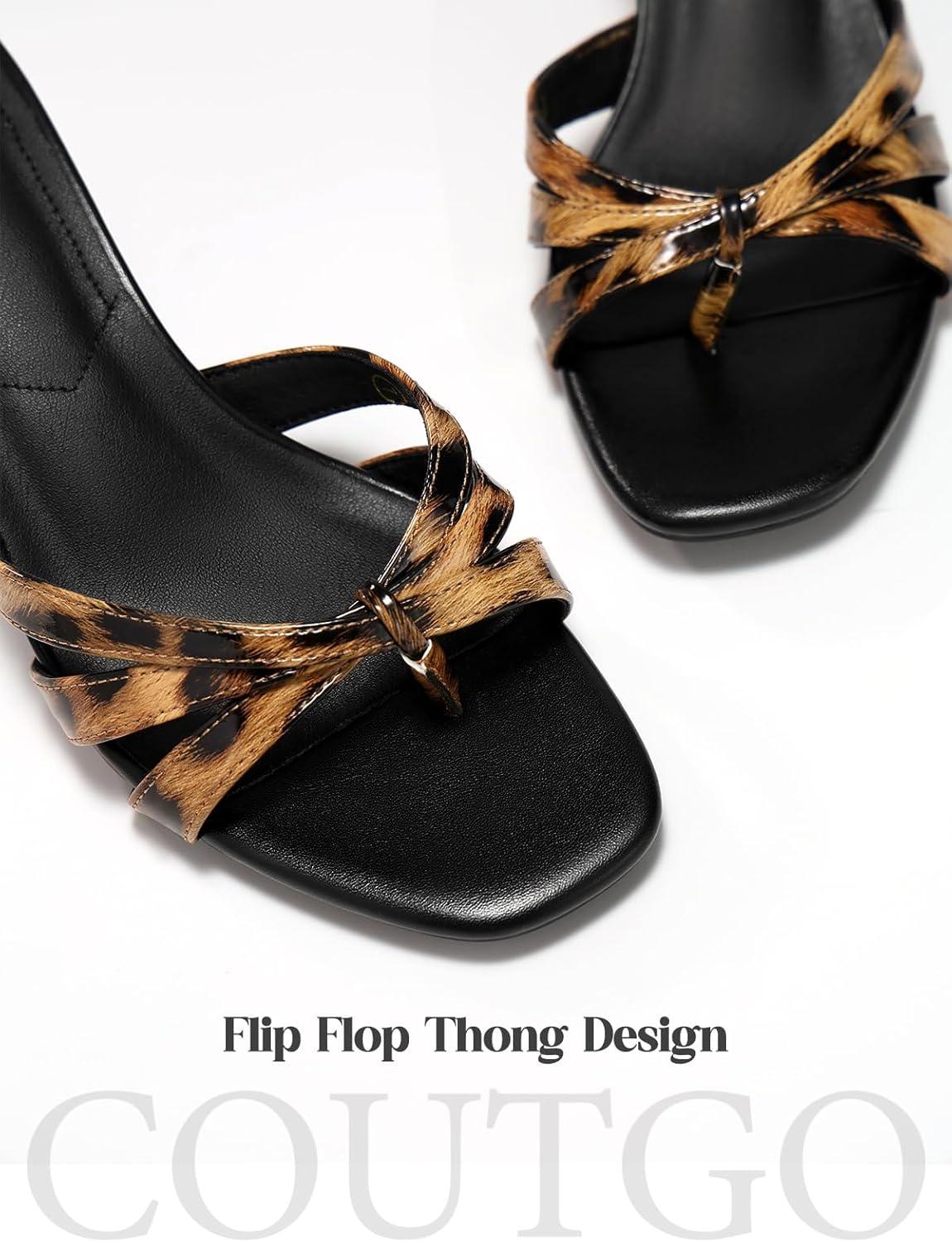 image:imageCoutgo Womens Strappy Kitten Heels Sandals Square Open Toe Flip Flops Slip On Slides Summer Dress ShoesLeopard Print