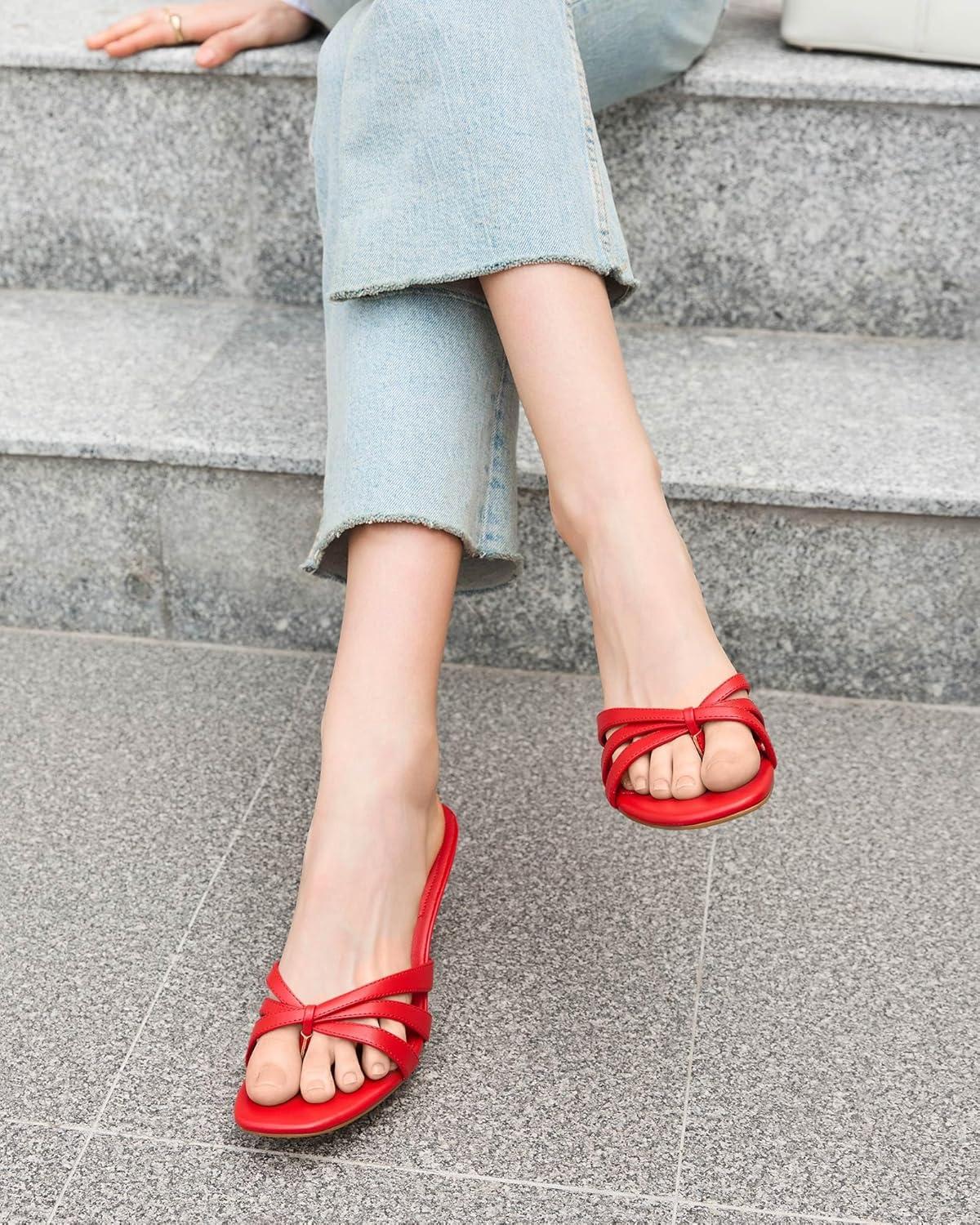 image:imageCoutgo Womens Strappy Kitten Heels Sandals Square Open Toe Flip Flops Slip On Slides Summer Dress ShoesRed