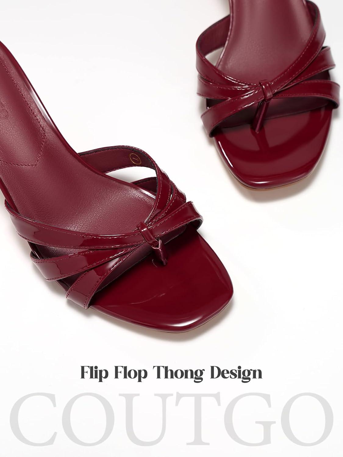 image:imageCoutgo Womens Strappy Kitten Heels Sandals Square Open Toe Flip Flops Slip On Slides Summer Dress ShoesWine Red