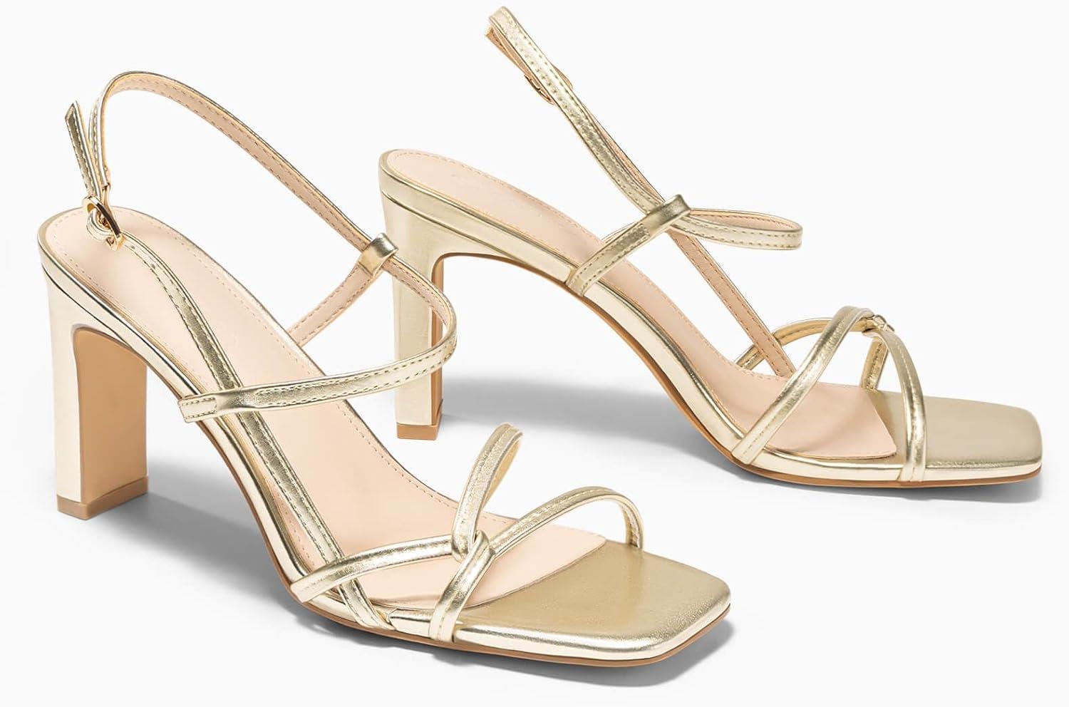 image:imageCoutgo Womens Strappy Sandals Square Open Toe Chunky High Heels Ankle Strap Wedding Party Dress ShoesGold