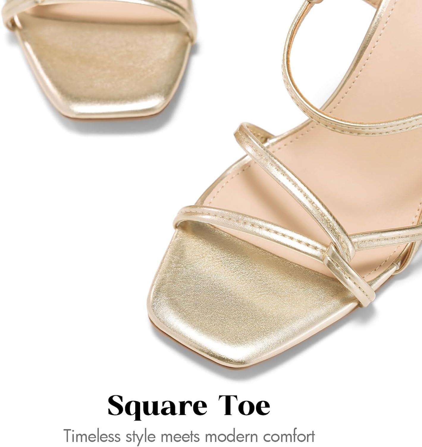 image:imageCoutgo Womens Strappy Sandals Square Open Toe Chunky High Heels Ankle Strap Wedding Party Dress ShoesGold