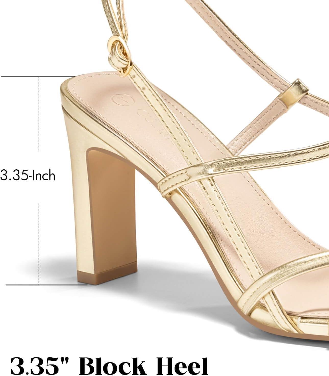 image:imageCoutgo Womens Strappy Sandals Square Open Toe Chunky High Heels Ankle Strap Wedding Party Dress ShoesGold
