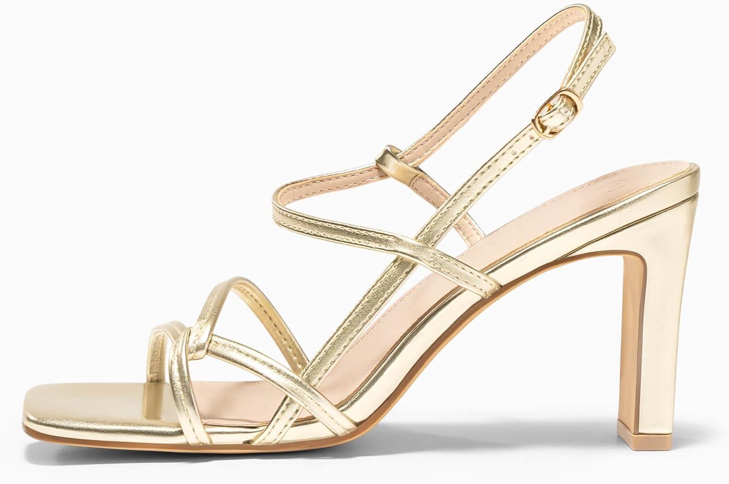 image:imageCoutgo Womens Strappy Sandals Square Open Toe Chunky High Heels Ankle Strap Wedding Party Dress ShoesGold