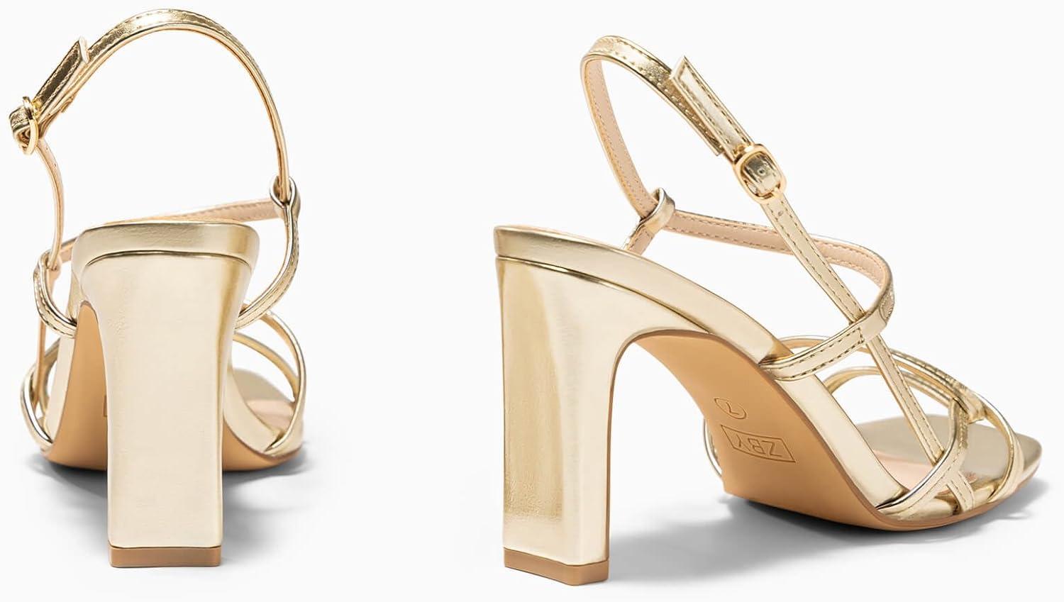 image:imageCoutgo Womens Strappy Sandals Square Open Toe Chunky High Heels Ankle Strap Wedding Party Dress ShoesGold